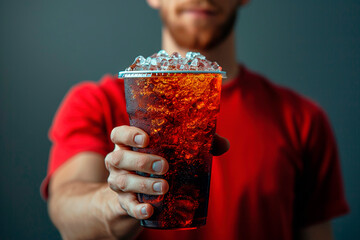 a man holding a supersized soda cup, with sugary drinks contributing to his unhealthy nutrition and weight gain