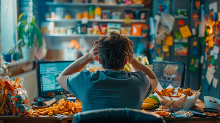 a man sitting at a desk cluttered with junk food wrappers, finding solace in food as a coping mechanism for stress and anxiety - obrazy, fototapety, plakaty