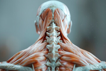Illustrate the anatomy of the trapezius muscles in closeup, showcasing their broad, triangular shape and their attachment points on the spine and shoulder girdle - obrazy, fototapety, plakaty