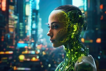 Cybernetic Haven: Sentinel of the Neon Wasteland - obrazy, fototapety, plakaty