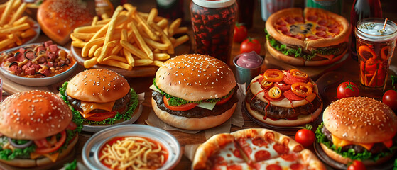 junk food buffet, with burgers, fries, pizza, and soda arranged enticingly on a table - obrazy, fototapety, plakaty