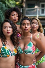 Fototapeta premium A group of women are posing for a photo wearing colorful bikinis