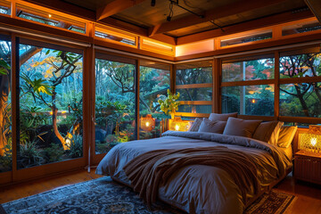 Dining room adorned with wooden table, stylish chairs, and ambient lighting for refined dining.