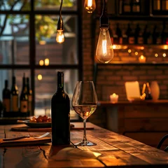 Fotobehang Elegant Glass of Red Wine with Bottles and Corkscrew on Rustic Table, Ideal for Dining and Wine-Tasting Themes © Susana