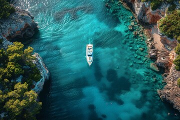 Bird's-eye shot captures a lavish yacht amid the crystal clear waters of a serene coastal cove surrounded by rocky outcrops - obrazy, fototapety, plakaty