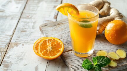 Close shot of orange and ginger detox drink kept on a white surface with space for text or product advertisement, Generative AI. - obrazy, fototapety, plakaty