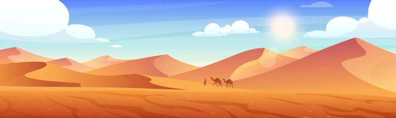 Fototapeta na wymiar Desert landscape. Vector horizontal illustration of desert with sand dunes, sun, hills, camel caravan. Hot african or wild western mexican nature. Gold desert in sunset. Arabic man in Sahara desert