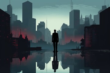 lost business man in big city illustration