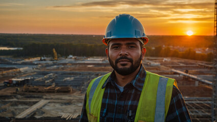 construction worker wearing hard hat stands on a construction site with the beautiful sunset behind