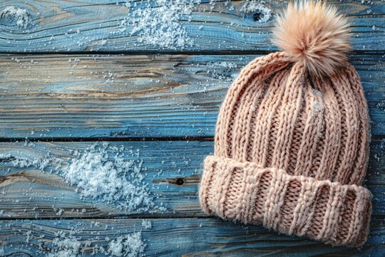 Background with knitted hat, handmade, top view, copy space