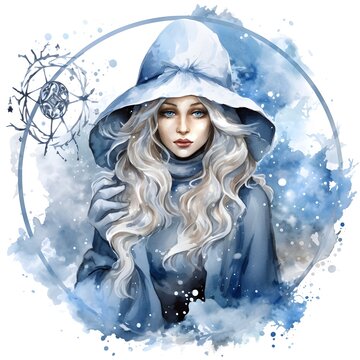 Watercolor Clipart Magical White Witch Casting a Gentle Shimmering Snowfall