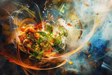 Kinetic energy of culinary preparation depicted in an abstract culinary whirlwind.