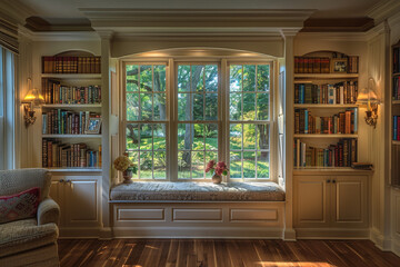 Reading nook adorned with built-in bookshelves and a cozy window seat for relaxation.
