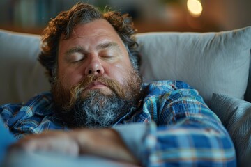 A bearded man in a blue checked shirt sleeps comfortably on a couch, portraying relaxation