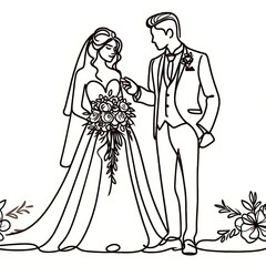 One line drawing illustration of lovely wedding ceremony, young married couple holding hands isolated on white background 