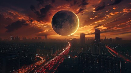Futuristic landscape of solar eclipse over the city, Solar Eclipse 2024, April 8 - obrazy, fototapety, plakaty