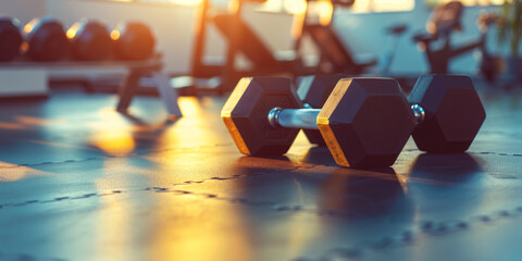 the role of fitness equipment like treadmills or dumbbells in promoting exercise realistic stock photography