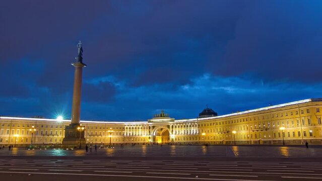 Night to Day Transition Hyperlapse: Illuminated Alexander Column on Palace Square, St. Petersburg, Russia. Capturing the Transformative Beauty of Saint Petersburg's Historical Center