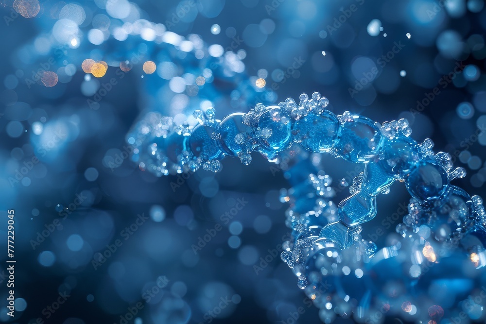 Poster an enchanting portrayal of a dna sequence that shines in blue, symbolizing scientific inquiry and ge