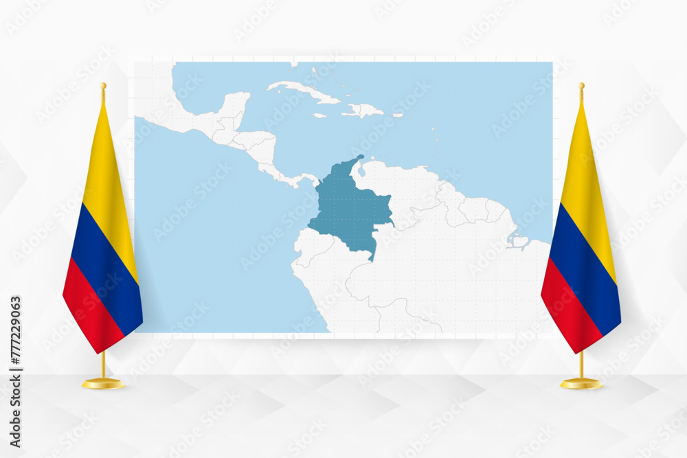 Wall mural map of colombia and flags of colombia on flag stand.