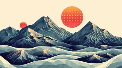 block print style mountain landscape, with bold geometric patterns, against a serene flat color background - obrazy, fototapety, plakaty