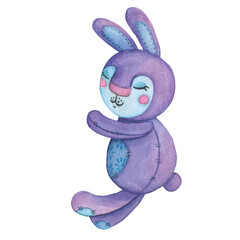 Purple plush bunny sleeping, watercolor illustration on a white background. Hand drawn in children's style. For children's cards, posters, stickers. Children, kid, sleep, dreams, fairy tale, hare