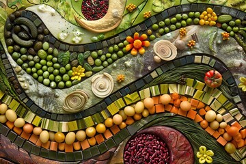 Intricate patterns of culinary ingredients arranged in an abstract mosaic.