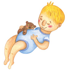 Hand drawn watercolor illustration. Composition consisting of a sleeping child from the side, a boy, with a soft toy in his hands, a teddy bear
