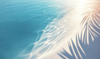 Summer tropical background, ocean shallow water with palm leaves and caustic light effect