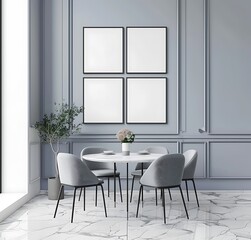 Modern dining room with a marble table and chairs, mock up poster frames on the wall, blue white grey color scheme, minimalistic interior design of a modern home in the style of modern home