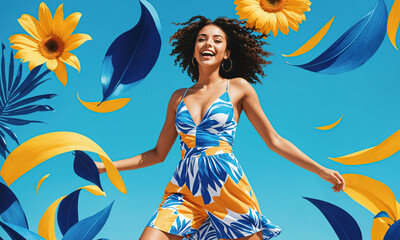 Happy smiling excited beautiful slim curly woman wearing colorful summer dress looks at camera surrounded by petals and flowers in the sky, summer travel and holidays concept