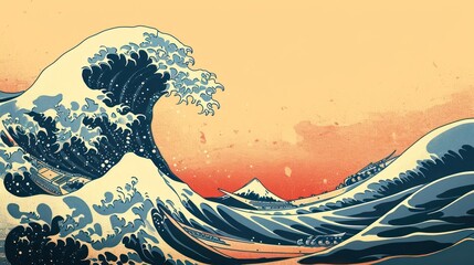 block print style wave illustration, featuring dynamic patterns and clean lines, against a calming flat color background - obrazy, fototapety, plakaty