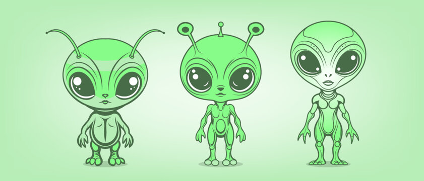 Vector group of funny cute cartoon greenish aliens. Collection of stickers of extraterrestrial creatures. Little green men.