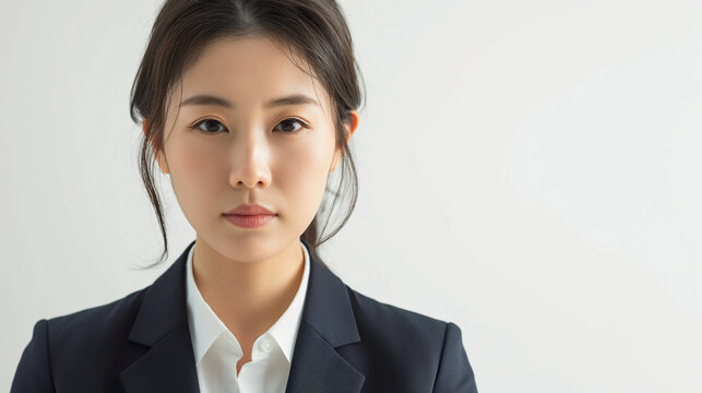 スーツを着て真剣な表情で見つめる日本人の若い女性のポートレート