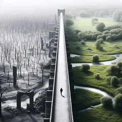 bridge between green nature and scorched landscape
