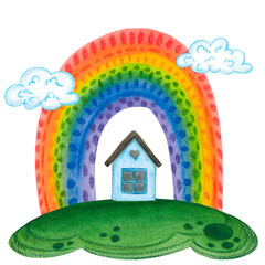 Watercolor, children's illustration composition of nature, consisting of a meadow, a blue house, a rainbow and clouds