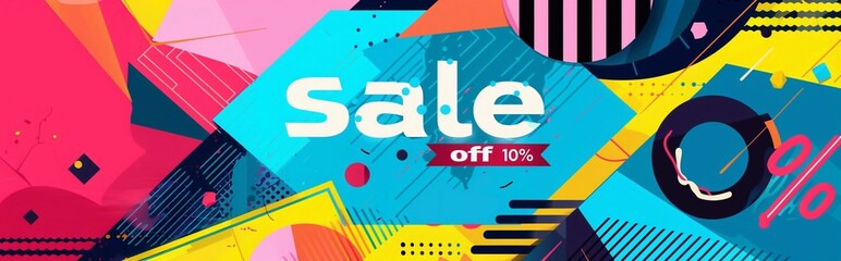 Sale Summer. Trendy Summer design with typography Sale off 10 % with flat geometric banner with hot season symbols in geometry style. Modern minimalist style with tropical element - obrazy, fototapety, plakaty