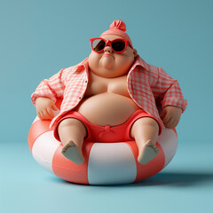 Whimsical chubby character floating on an inflatable pool ring. Blue background and a 3D look.