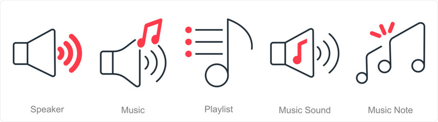 A set of 5 Music icons as speaker, music, playlist - obrazy, fototapety, plakaty