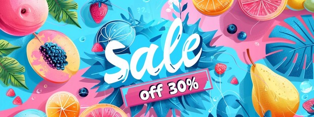 Summer offer. Trendy Summer design with typography Sale off hand drawn strokes and dots, fruit and tropical in bright colors. Modern minimalist style with subtle sunny water accents