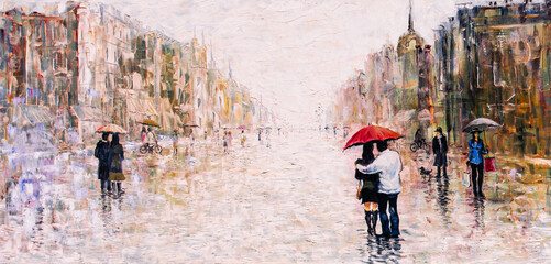 oil painting of a couple in love under an umbrella in the rain, Romantic mood. Rainy autumn weather. 