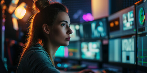 A determined woman at a control panel, her focused profile accentuated by the colorful glow of screens in a high-tech room