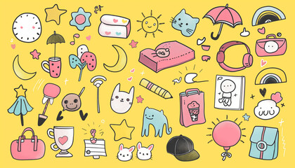 Hand-Drawn Kawaii Doodles on Vibrant Yellow Background