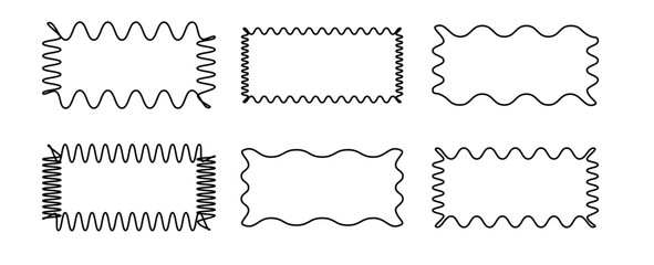 Obraz premium Zigzag edge rectangle shapes collection. Jagged sticker or stamp set with wavy edges. Picture or photo frames, empty text boxes, tags or labels scrapbook wavy elements. Vector graphic illustration