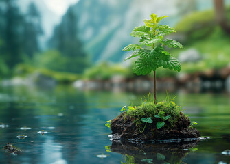 Green sprout growing on a rock in the water. Concept of environmental conservation.