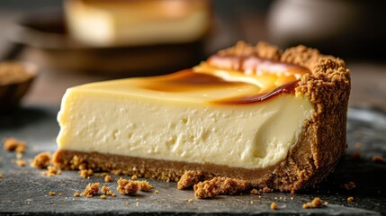 classic cheesecake, highlighting the rich texture of the creamy filling and golden graham cracker...