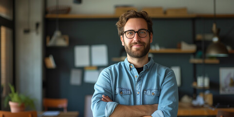 Confident creative professional with glasses, arms crossed, in a casual denim shirt, standing in a modern workspace