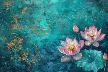 Fototapeta na wymiar Intricate abstract lotus patterns unfurl against a backdrop of tranquil turquoise, inviting contemplation amidst a sea of culinary creativity.