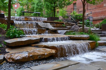 Serene Urban Waterfall Oasis in Lush Green Park with Stone Steps and Flowing Water in Cityscape