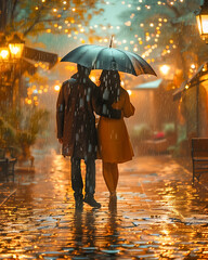 Couple in the Rain, walking down the street with an umbrella, in a back view, with a bokeh effect